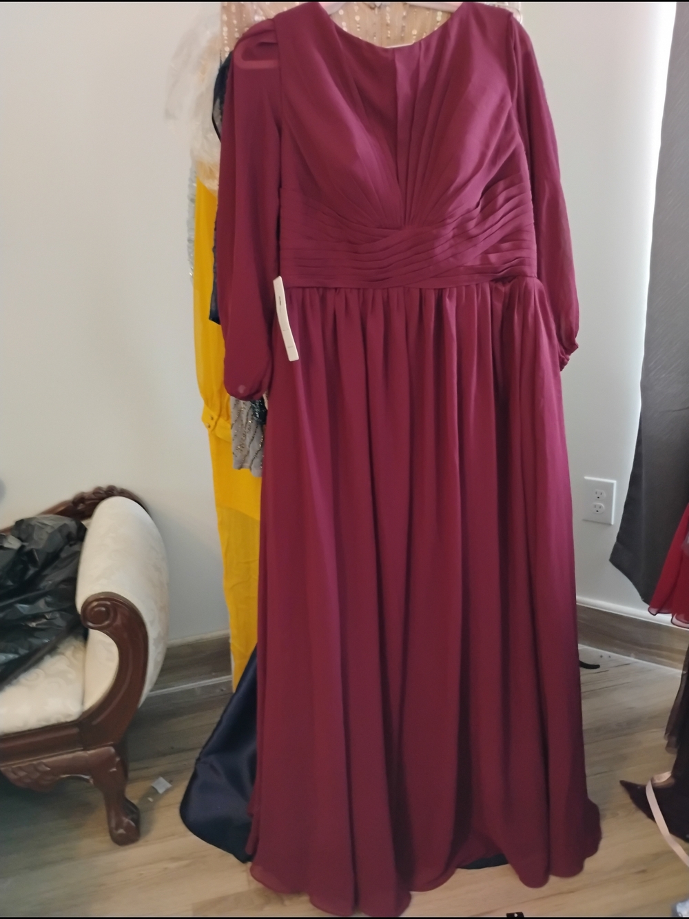 Women's Burgundy Long Sleeve Chiffon Evening Dress